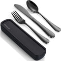 Travel Utensils with Case, 4-Piece Stainless Steel Portable Cutlery Set, Reinforced Case with Buckle Design, Lunch Box for Camping Work School, Include Fork Spoon Knife, Dishwasher Safe, Black