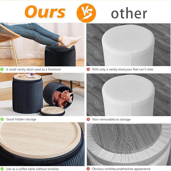 Round Ottoman with Storage Set of 2-Upholstered Velvet Vanity Stool for Makeup Multifunctional Ottomans Coffee Table Padded Seat Foot Rest for Living Room&Bedroom (Black-Upgrade Tray Lid)