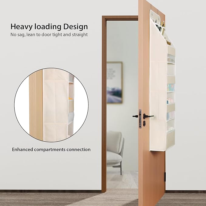 Univivi 5-Shelf Over Door Hanging Organizer Fabric Door Storage with 4 Large Pockets and 3 Small PVC Pockets Wall Mount Hanging Storage Organizers for Baby Nursery (Beige Pattern)