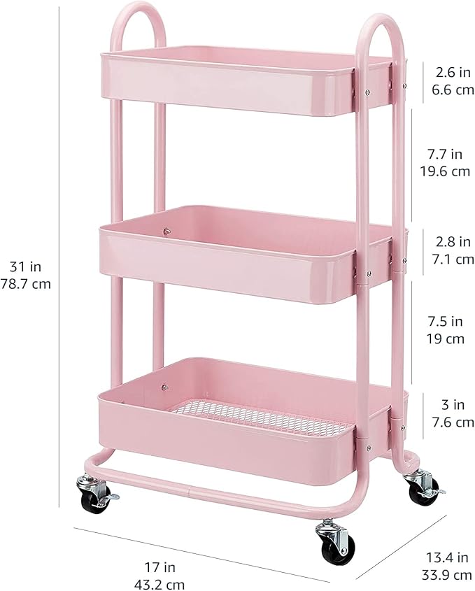 Amazon Basics 3-Tier Rolling Utility or Kitchen Cart, Lockable Wheels, Multifunctional Storage, Dusty Pink