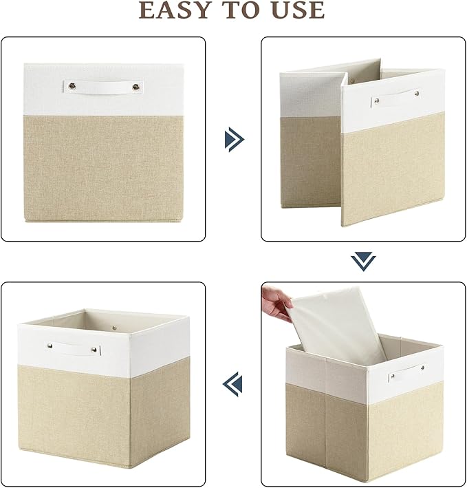 13 x 13 Inch Fine Linen Storage Bins with Handles，Fabric Cube Boxs，Collapsible Basket Organizers for Shelves for Home, Closet Drawers (White/Khaki-4 Pack)
