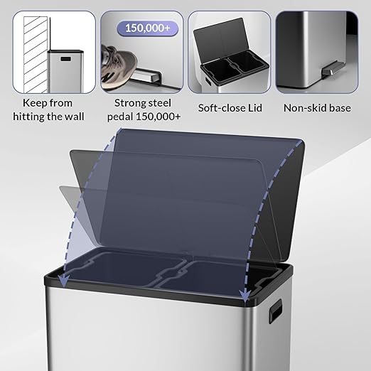 GarveeHome Step Dual Trash Can, 60L/16 Gallon Recycle Bins with Lid, 2 Removable Wastebusket, Step Pedal, Large Stainless Steel Double Trash Bin for Kitchen, Bathroom