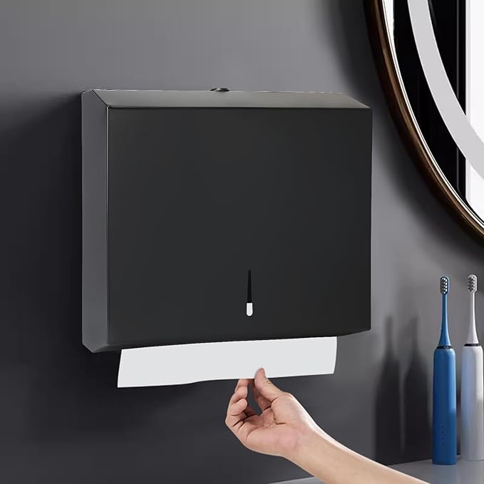 Paper Towel Dispenser Wall Mount, Matte Black Stainless Steel Commercial Paper Towel Holder with Lock, Large Capacity 250 C Fold/300 Multifold Towels