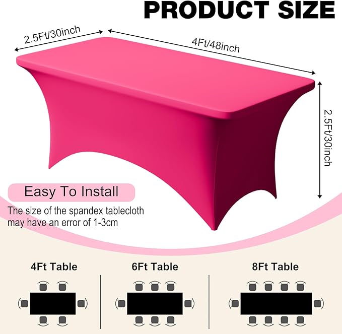 Trlyc 2 Pack 4FT Spandex Table Cloth - 48 x 30 Inch Rectangular Stretch Tablecloth, Wrinkle Resistant Scretch Table Cover for Wedding, Party, Banquet, Picnic, Outdoor Decoration (2Pcs,Fuchsia)