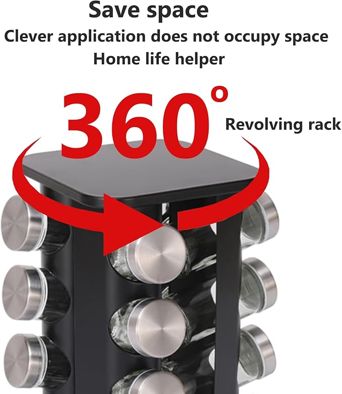Spice Rack, Spice Rack Organizers for Countertop, Rotating Countertop Spice Rack, Revolving Spice Rack for Kitchen, Kitchen Gadgets, Organizer Rack with Spice Jars (Black, SquareHead_12Jars)