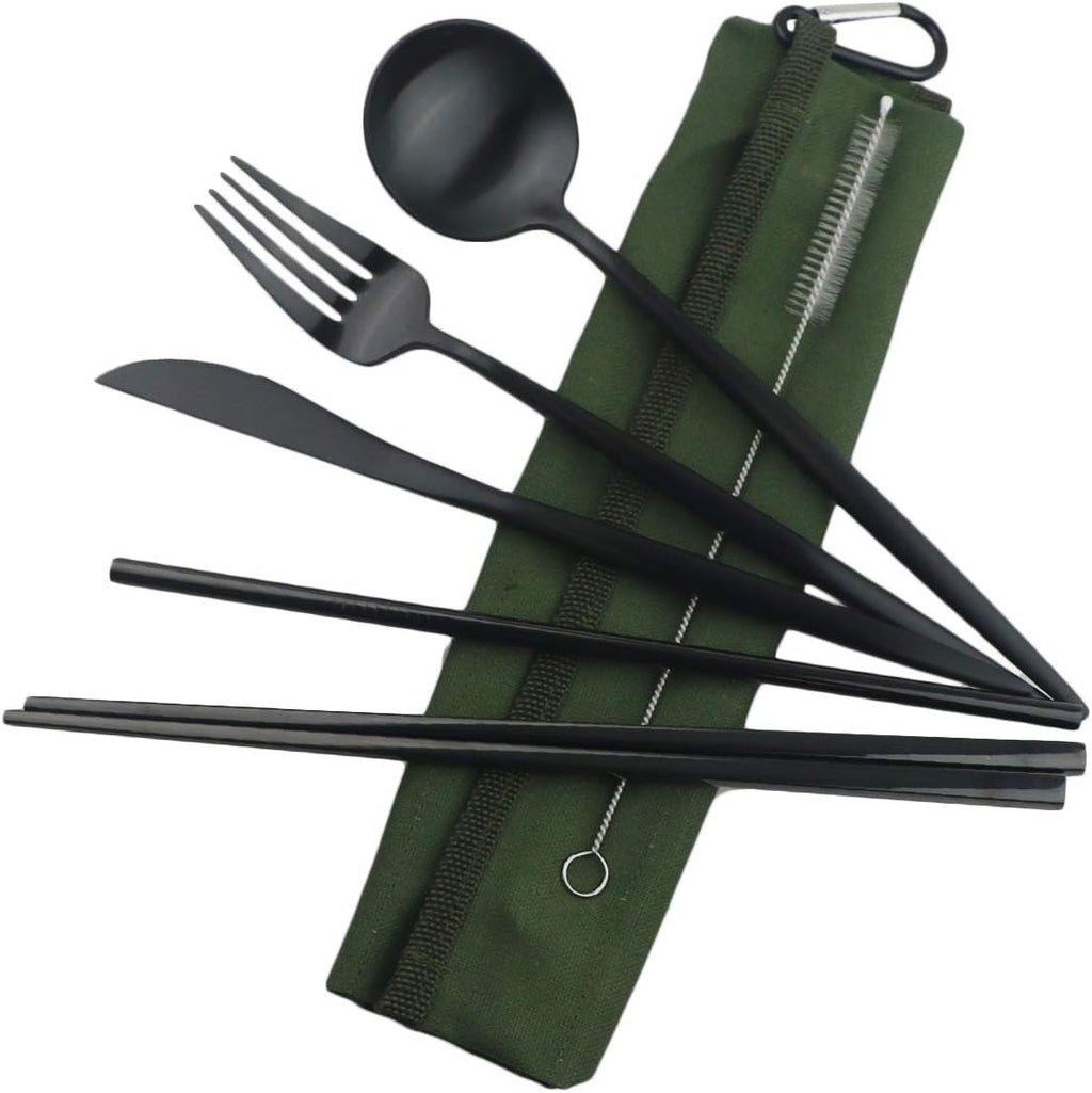 Gugrida Reusable Travel Utensils, 7 Piece Portable 304 Stainless Steel including Knife Fork Spoon Chopsticks Cleaning Brush Straws Portable Pouch, Eco-friendly Camping Silverware Set, Dishwasher Safe