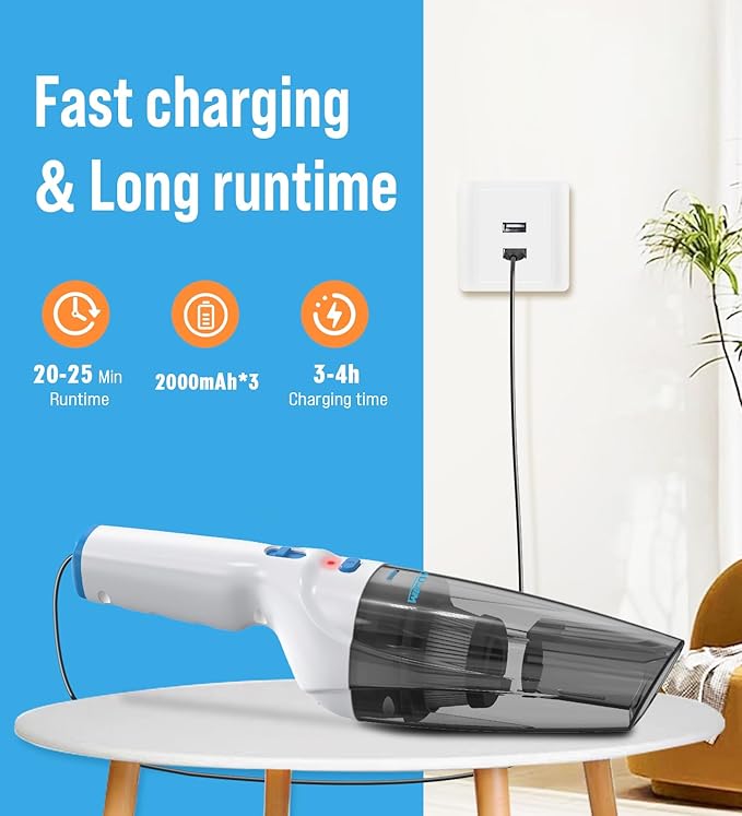 Powerful Handheld Vacuum Cordless, 9500PA Rechargeable Car Vacuum Portable Cordless, Lightweight & Portable Mini Handheld Vacuum Cleaner with Large-Capacity Battery for Car/Home/Pet