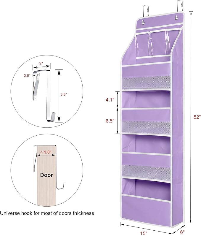 Univivi 5-Shelf Fabric Door Storage Over Door Hanging Organizer with 4 Large Pockets and 3 Small PVC Pockets Nursery Closet Cabinet Wall Mount Hanging Storage Organizers for Baby Nursery (Purple)