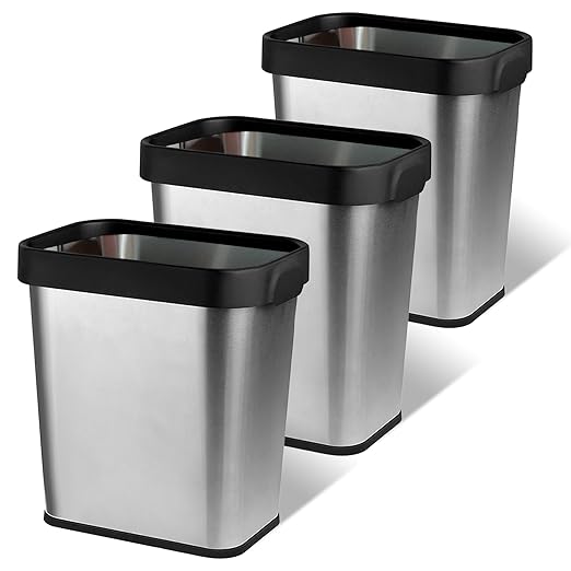 3 Pack Stainless Steel Trash Can 2 Gallon, Open Top Trash Can, 7" x 10" x 11", Rectangle Rubbish Bin, Slim and Narrow, No Lid Small Wastebasketfor Kitchen, Bathroom, Living Room, Office