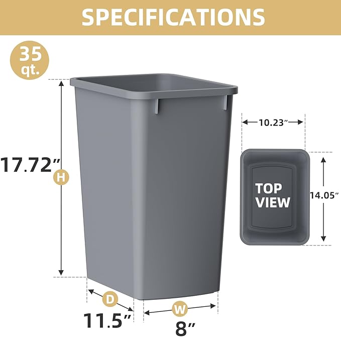 35 Quart Plastic Trash Can, Under Canbinet Waste Bin, 9-Gallons Slim Trash Can for Kitchen Bedroom Office Bathroom Under Sink Grey (4-Pack)