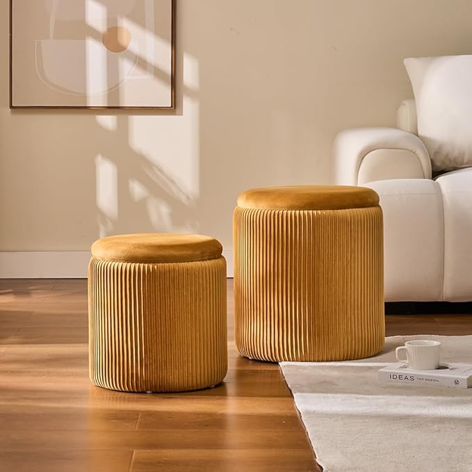 Round Set of 2 Ottoman with Storage-Upholstered Velvet Vanity Stool for Makeup Multifunctional Ottomans Coffee Table Padded Seat Foot Rest for Living Room&Bedroom (Yellow)