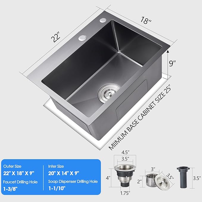 22x18 Inch Drop in Kitchen Sink, Handmade 304 Black Stainless Steel Sink, 9" Deep Single Bowl, Topmount with 2 Holes, R10 Tight Corner, for Modern Kitchen/RV/Bar Sink