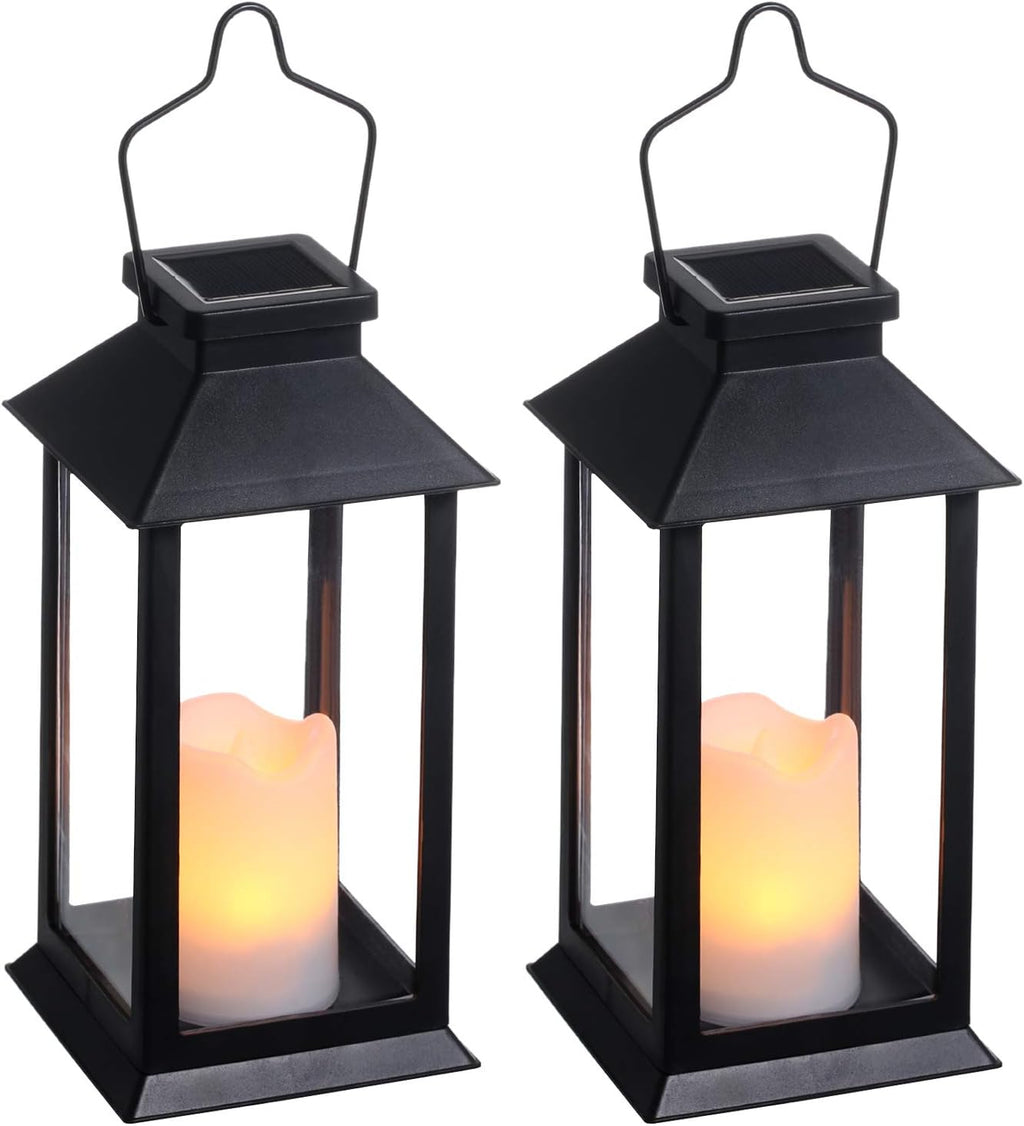 2 Pack Solar Lanterns, Outdoor Garden Hanging Lanterns, 11.8 Inch LED Flickering Flameless Candle Mission Lights for Yard, Table, Patio (Black)