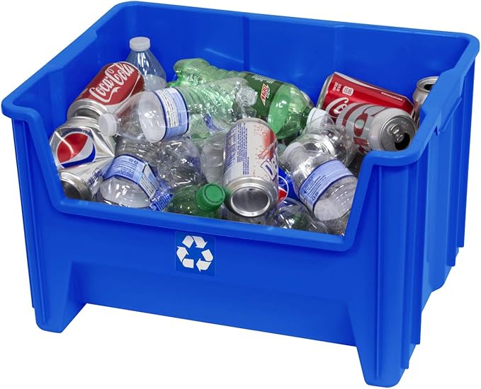 Commercial Industrial Heavy Duty Stackable Open-Front Recycling Bin Box Containers, 12.5 Gallon (Pack of 3), Blue