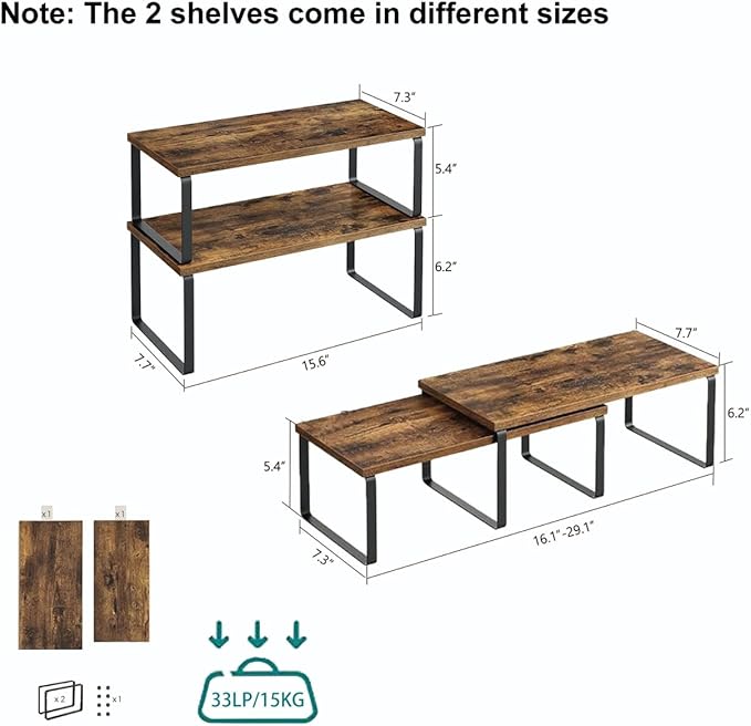 Cabinet Organizer Shelf, Kitchen Counter Storage, 2-Piece Set, Stackable Spice Rack, Metal and Wood (Black and Rustic Brown)