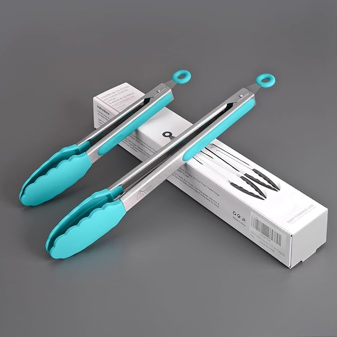 HOTEC Premium Stainless Steel Locking Kitchen Tongs with Silicon Tips, Set of 2-9" and 12", Blue