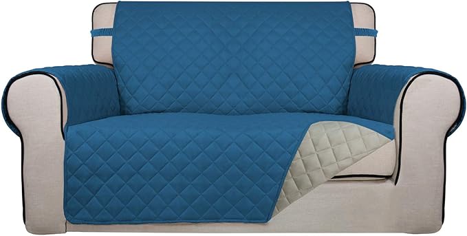 PureFit Reversible Quilted Sofa Cover, Water Resistant Medium Slipcover Furniture Protector, Washable Couch Cover with Non Slip Foam and Elastic Straps for Kids, Pets (Loveseat, Peacock Blue/Beige)