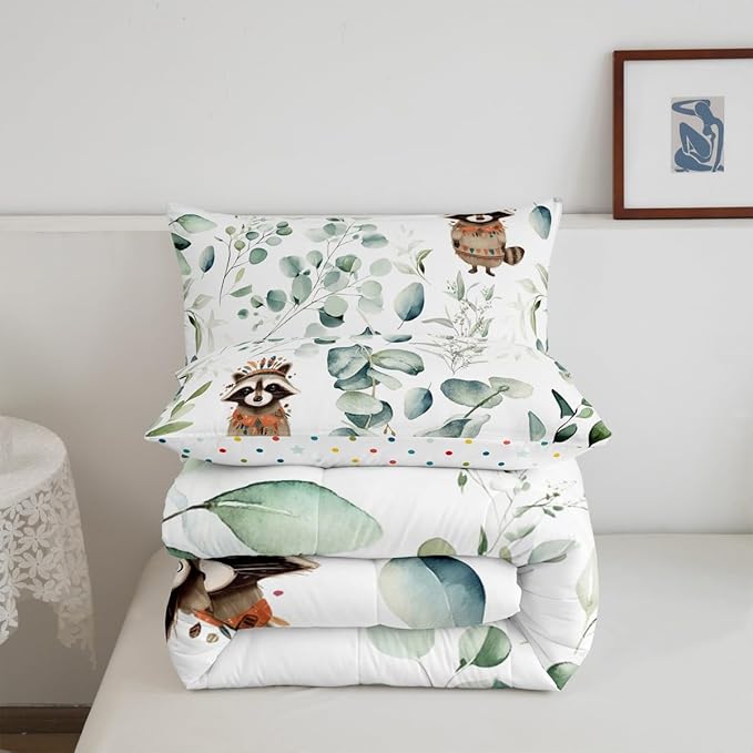 Erosebridal Cute Raccoon Bedding Full Size for Kids Child Green Eucalyptus Comforter Set Full, Woodland Animal Duvet Insert Plant Leaves Quilt Comforter, Cartoon Wildlife Bedding Comforters & Sets