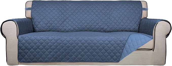 PureFit Reversible Quilted Sofa Cover, Water Resistant Slipcover Furniture Protector, Washable Couch Cover with Non Slip and Elastic Straps for Kids, Dogs, Pets (Sofa, Dark Blue/Light Blue)