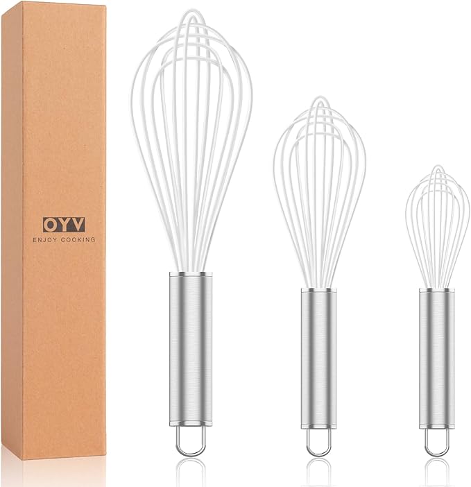 White Silicone Whisk, Professional Whisks For Cooking Non-Scratch, Stainless Steel & Silicone Wisk, Plastic Rubber Whisk Tool For Nonstick Cookware Pans, BPA free, Silicon Wisks Set of 3