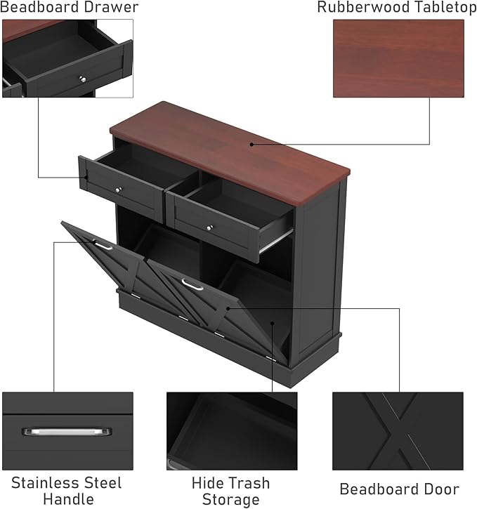 Betterhood Double Tilt Out Trash Cabinet 20 Gallon Wooden Free Standing Laundry Sorter Cabinet,Recycling Cabine with Hideaway Drawer,Tilt Out Trash Cabine Can Bin Kitchen (Black)