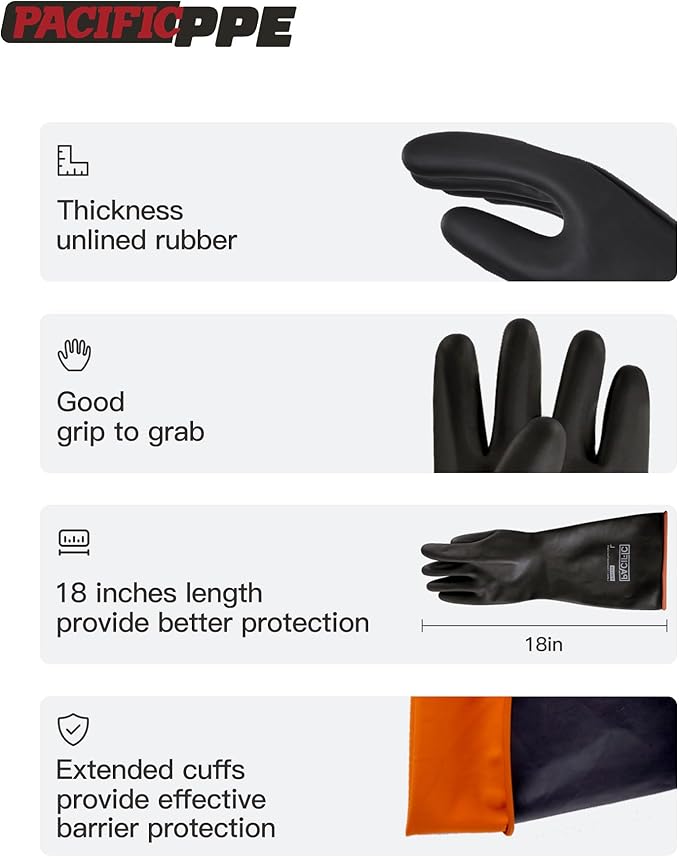 PACIFIC PPE Heavy Duty Latex Chemical Gloves, Strong Acid Resistance Rubber Gloves, Against Alkali and Oil, 18"