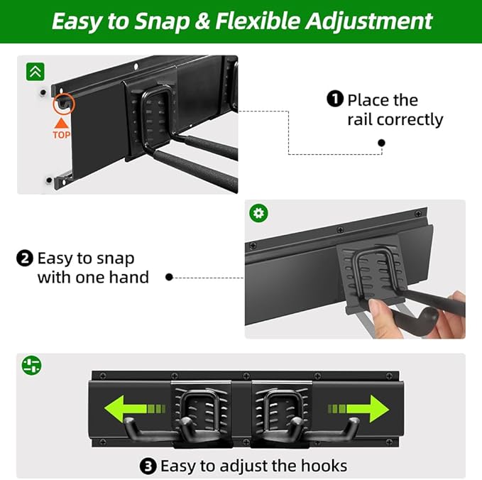 Garage Organization, Garage Wall Organizer with 48 inches Rails and 6 Hooks, Tool Organizers Heavy Duty, Shovel Holder Wall Mount Max Load 360 LBS, Sturdy Garden Tool Rack for Folding Chairs