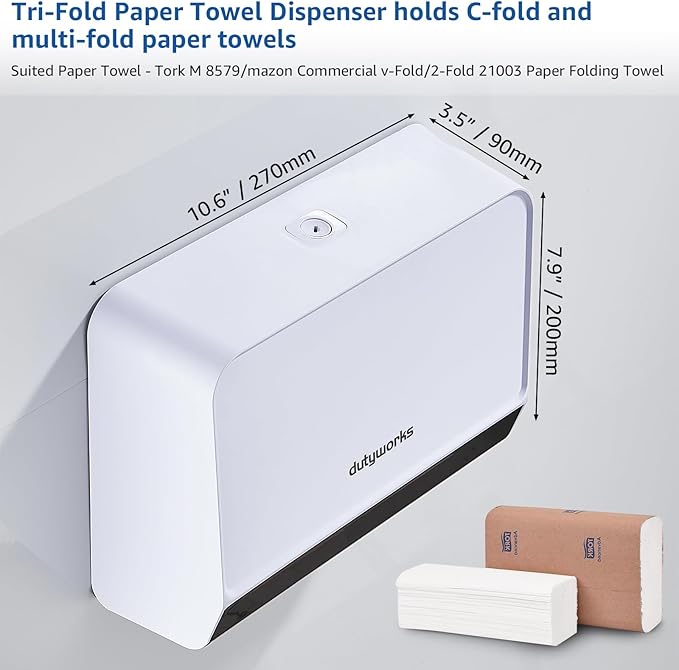 Paper Towel Dispenser Wall Mounted, Multifold Hand Towel Dispenser for Kitchen Bathroom Home Business, Trifold/C Fold/Z Fold Paper Towel Holder with Lock, Universal Paper, White