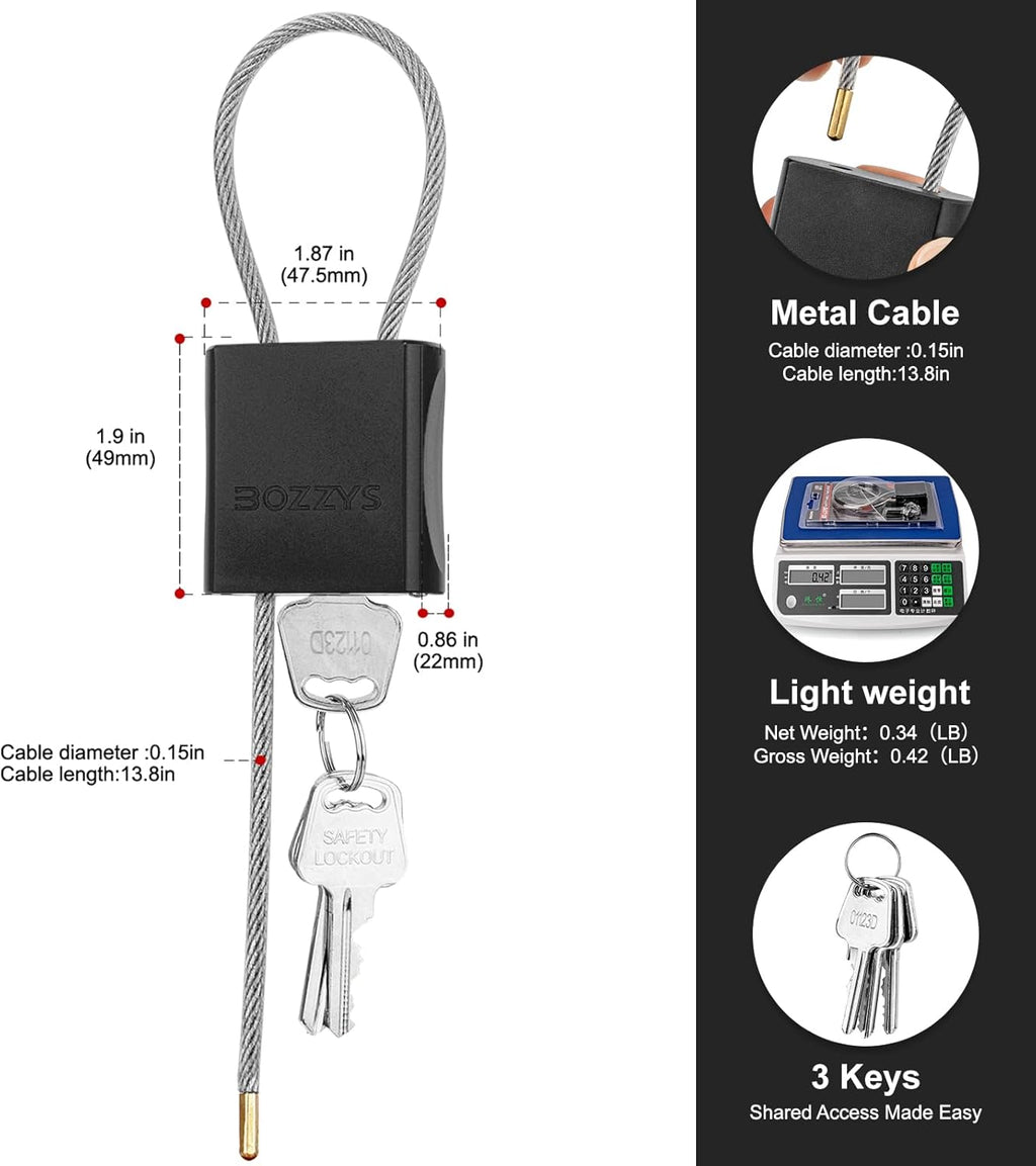 Adjustable Cable Padlock with 3 Keys | 1.15ft L x 1/6in D Aluminum Steel Cable Locks for Bikes, Gate, Lockers & Outdoor Gear | Keyed Different & Black
