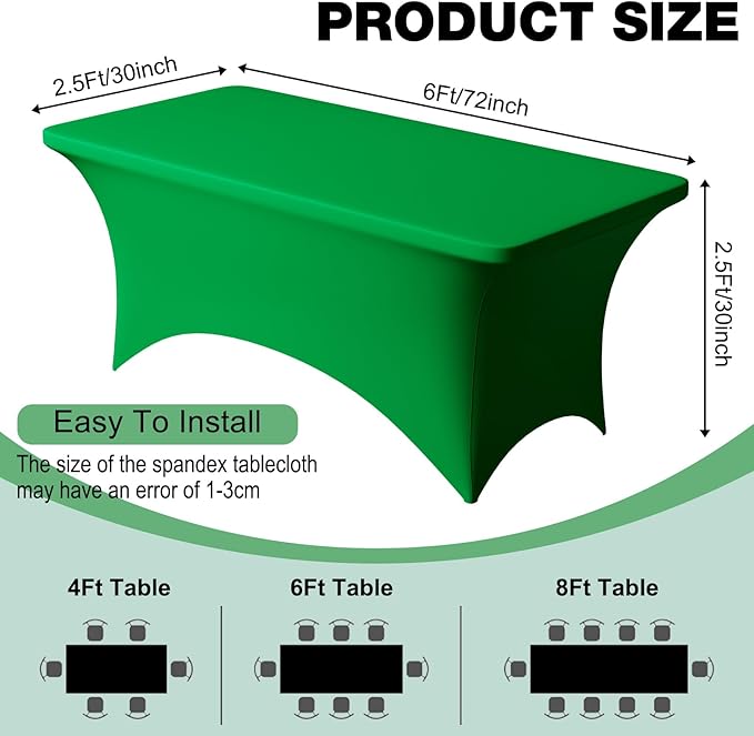 Trlyc 2 Pack 6FT Spandex Table Cloth - 72 x 30 Inch Rectangular Stretch Tablecloth, Wrinkle Resistant Scretch Table Cover for Wedding, Party, Banquet, Picnic, Outdoor Decoration (2Pcs,Green)