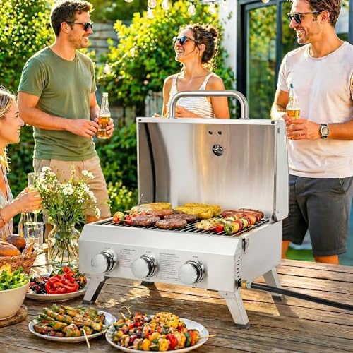 ROVSUN 30000 BTU Stainless Steel Propane Gas Grill with Ignition, 3 Burner Portable Tabletop Grill with Folding Legs & Lockable Lid for Outdoor Patio Garden BBQ Picnic RV Tailgating Camping Cooking