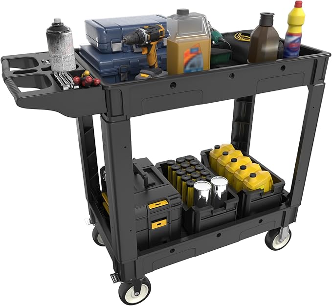 2 Tier Plastic Rolling Cart Utility Cart on Wheels, Heavy Duty Tool Carts with Ergonomic Storage Handle and Deep Shelfs, Work Cart Service Cartss for Garage, Warehouse, Workshop, Office, Cleaning