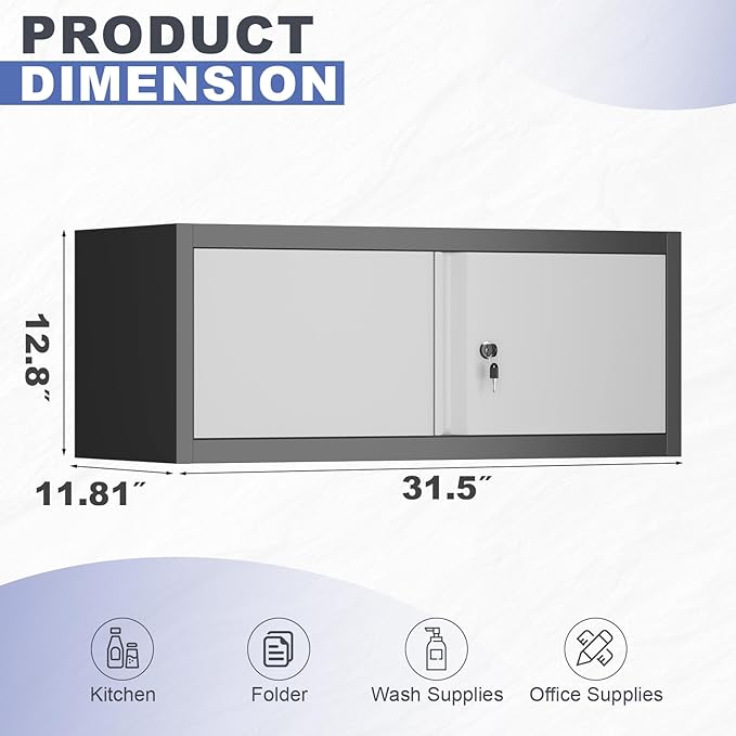 Metal Garage Storage Cabinet, Locking Cabinet Wall Mounted, 12.8" H Floating Cabinet for Warehouse, Upper Tool Cabinet with Shelf for Home Office, Basement, Kitchen, RV Organization
