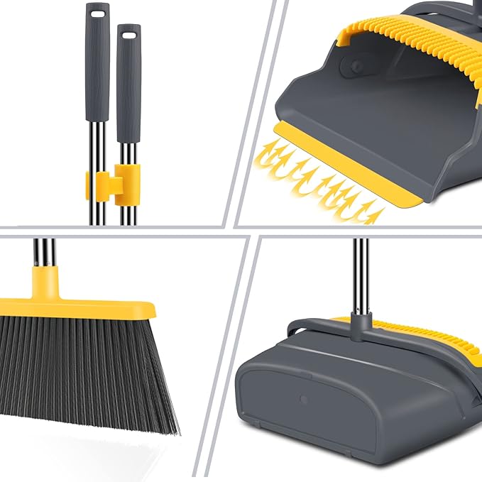 kelamayi Upgrade Broom and Dustpan Set, Broom with Dustpan Combo Set, Self-Cleaning with Dustpan Teeth, Indoor&Outdoor Sweeping, Stand Up Broom and Dustpan (Gray&Yellow)