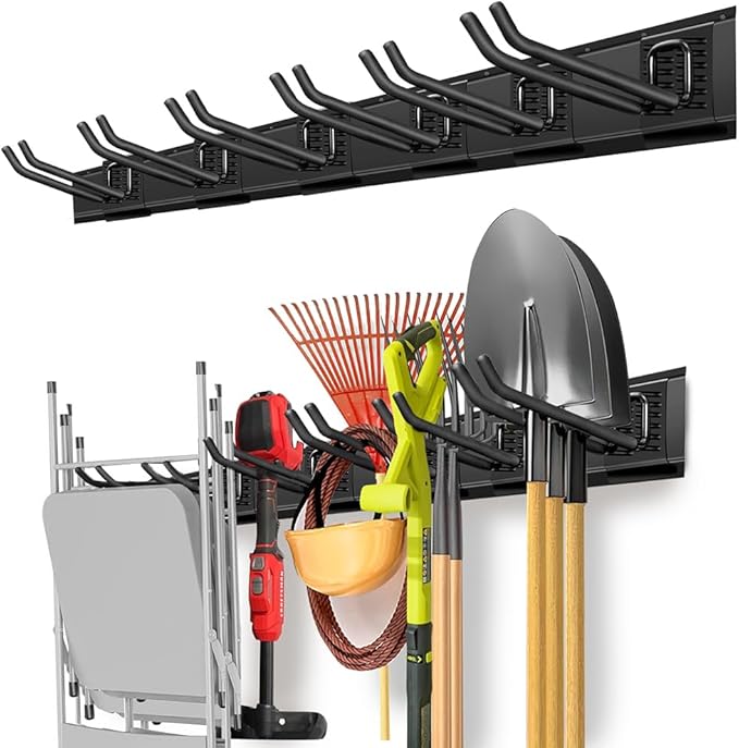 Garage Organization, Garage Wall Organizer with 48 inches Rails and 6 Hooks, Tool Organizers Heavy Duty, Shovel Holder Wall Mount Max Load 360 LBS, Sturdy Garden Tool Rack for Folding Chairs