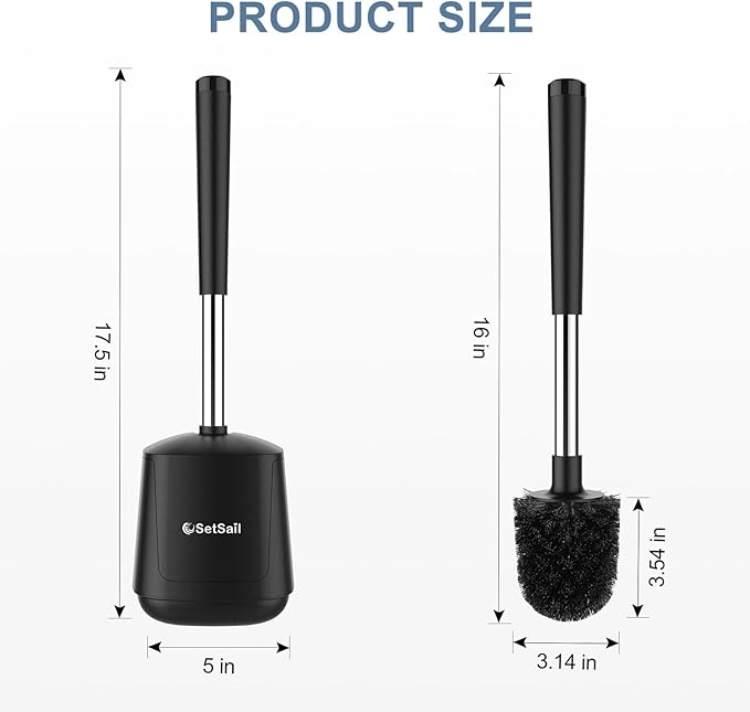 SetSail Toilet Brush and Holder, Self Closing Lid Toilet Bowl Brushes Holder and Extra Long Handle Ventilated Toilet Brush Set for Bathroom Cleaning, Nylon Bristles, 2 Packs-Black