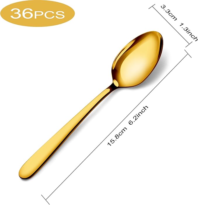 Pleafind 36 Pieces Gold Teaspoons Set - 6.2 inch, Spoon Silverware, Stainless Steel Tea Spoons, Mirror Polished Small Teaspoon, Dessert Spoons for Home, Kitchen, Restaurant, Dishwasher Safe