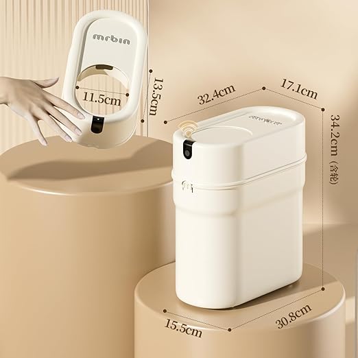 MRBIN Slim Automatic Bathroom Trash Can, 10L/2.6gal Touchless Pull Out Bagging Motion Sensor Waste Basket, Electric Smart Garbage Pail for Narrow Rv, Kitchen, Bedroom, White