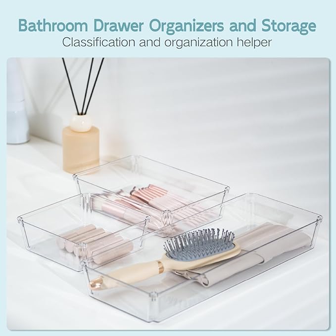 6 Pack Large Clear Plastic Drawer Organizer Trays, Desk Drawer Organizers and Storage Dividers, Non-Slip Storage Bins for Jewelry, Snacks, Office, Bathroom, Bedroom and Kitchen