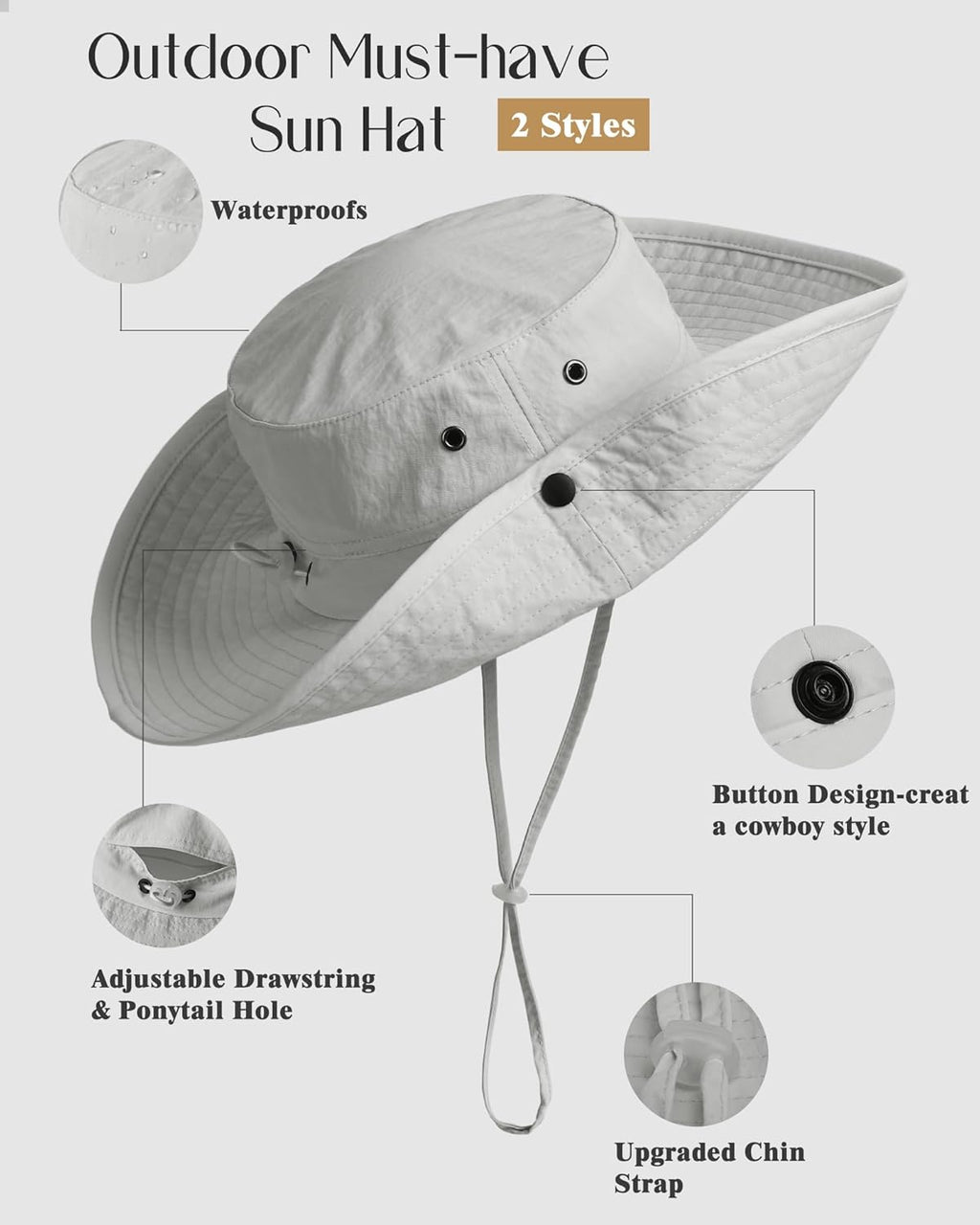 FURTALK Sun Hats for Women Ponytail UPF 50+ Beach Summer Hat Wide Brim Packable Cowboy Hat