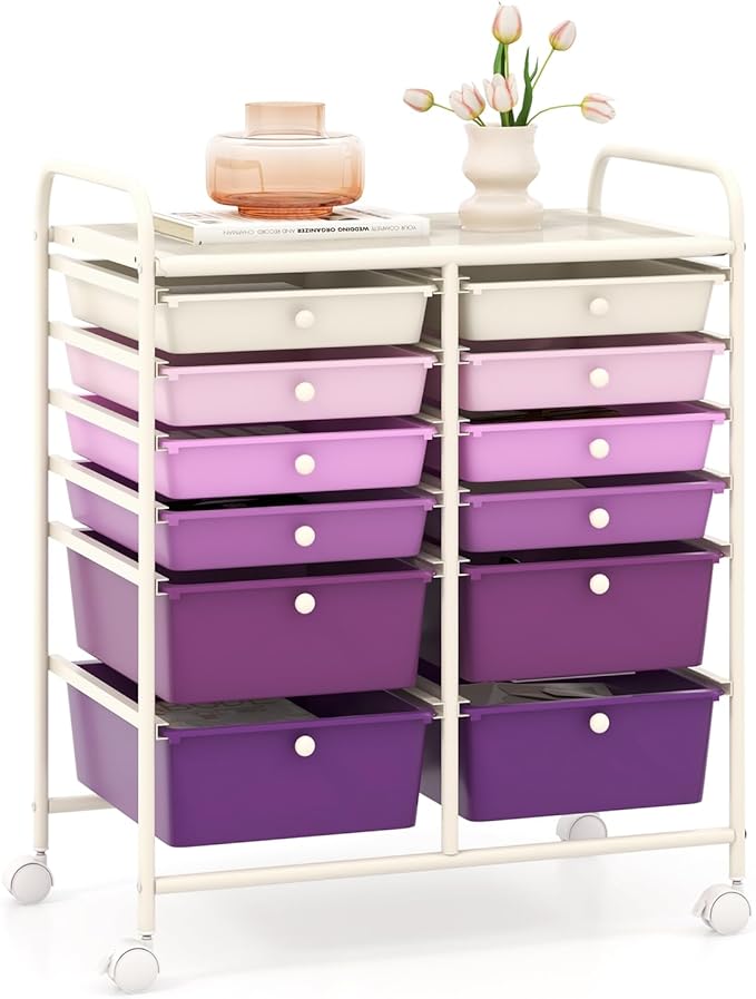 GOFLAME 12-Drawer Rolling Storage Cart, Multipurpose Organizer Cart with 2 Sizes Plastic Drawers, Mobile Utility Cart with Lockable Casters for School, Home Office, Beauty Salon, Purple Gradient