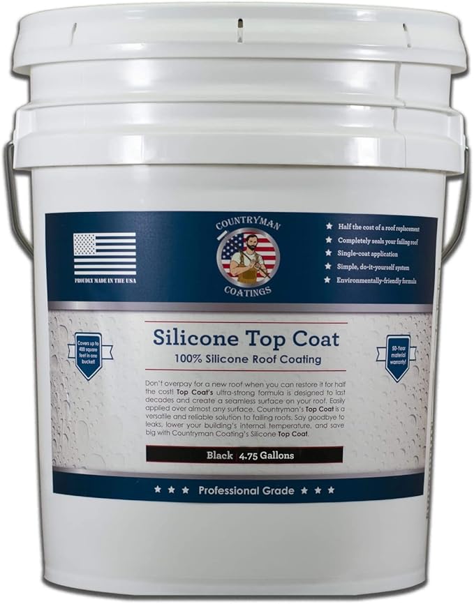 Countryman Coatings 100% Silicone Roof Coating - Restore Your Roof in a Day - Seal Leaks, Cracks, Seams, Penetrations - Adheres to All Surfaces (4.75 Gallon, Black)
