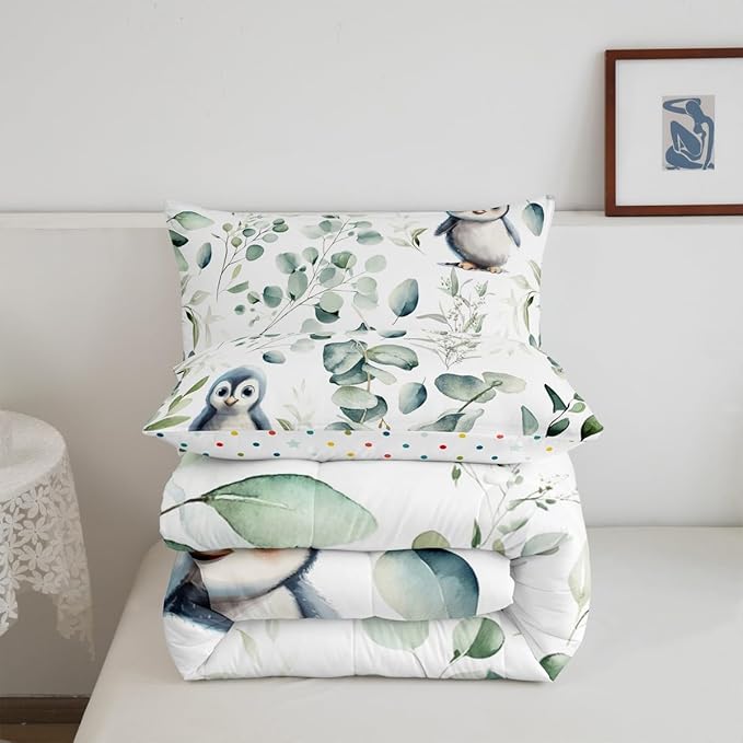 Erosebridal Cartoon Penguin Queen Bedding Sets Toddler Woodland Wildlife Comforter Set, Plant Down Comforter Eucalyptus Leaf Bedding Comforter Sets, Antarctic Animal Theme Duvet Insert Kids Room Decor