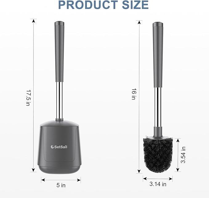 SetSail Toilet Brush and Holder 3 Pack, Self Closing Lid Toilet Bowl Brushes Holder Extra Long Handle Ventilated Toilet Brush Set for Bathroom Cleaning, Nylon Bristles, Grey