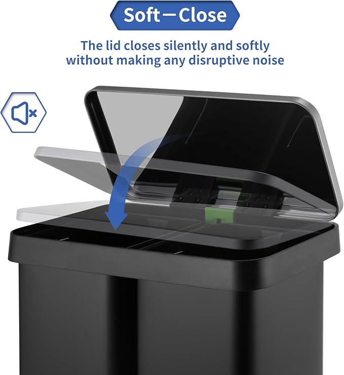 16 Gallon Dual Compartment Trash Can, Hands-Free Recycling Rectangular Garbage Bin, Stainless Steel Step-On Dustbin with Soft-Close Lid, Removable Inner Buckets, for Kitchen Home