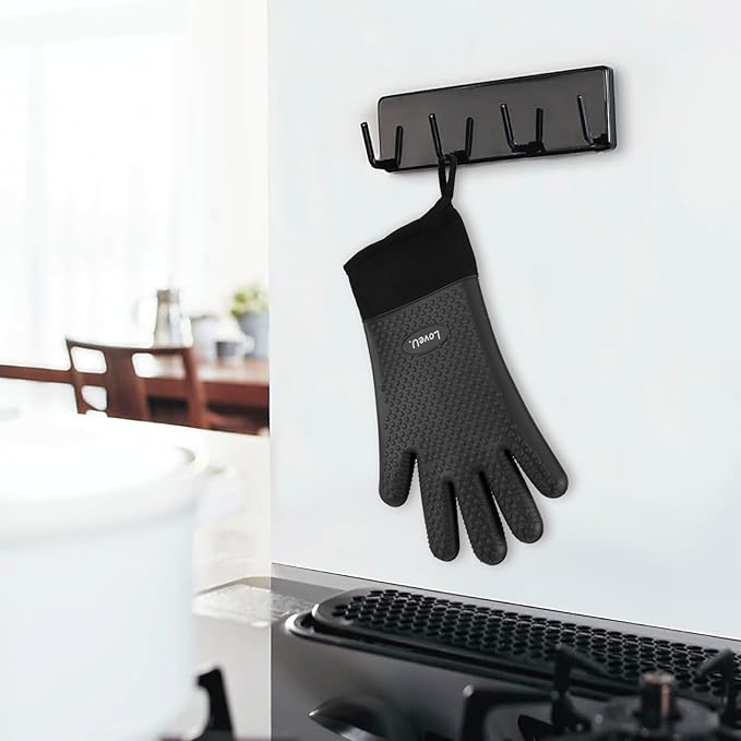 Kitchen Oven Gloves - Dual-Layer Heat Resistant Grilling Gloves, Silicone Oven Mitts with 5 Fingers, Waterproof Non-Slip Pot Holder for Barbecue, Cooking, Baking (XL-XXXL, Black Long)
