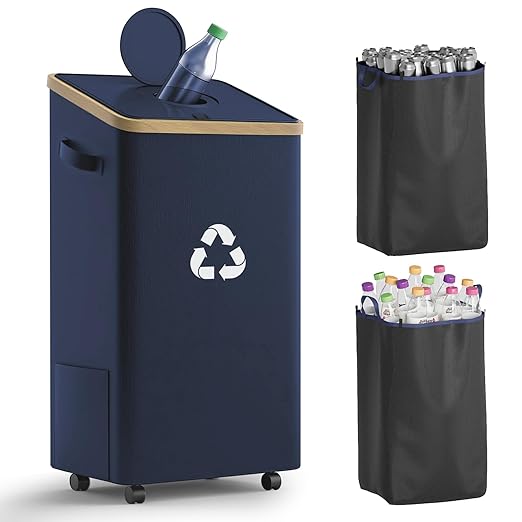 26 Gallon Recycling Bin for Kitchen, 100L Recycle Bin with Lid, Recycle Bins for Kitchen with 4 Wheels(Lockable),2 Reusable Inner Bags, for Bottle Can Glass Plastic Stickers, Dark Blue