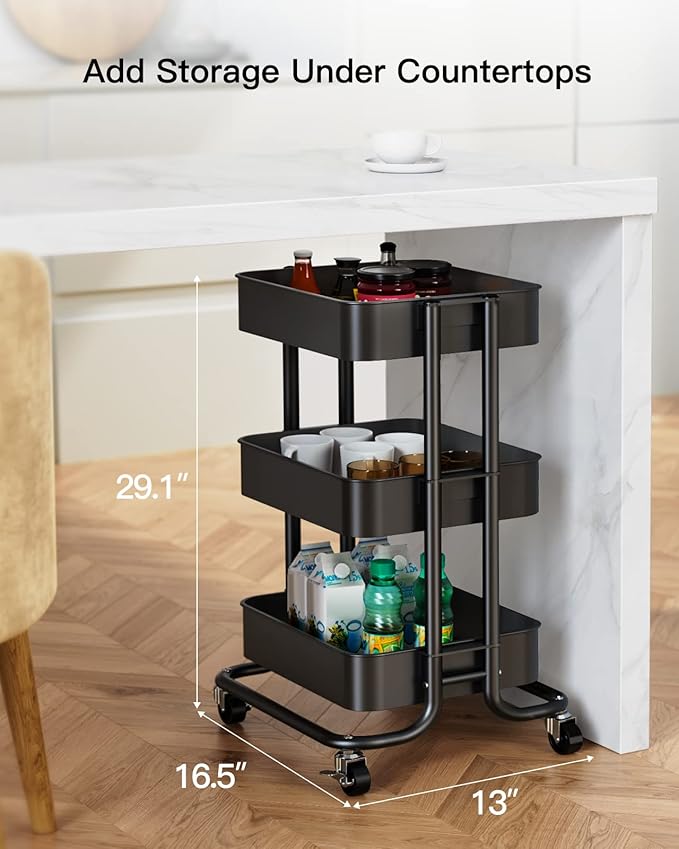 Pipishell 3 Tier Metal Rolling Utility Cart, Heavy-Duty Storage Rolling Cart with 2 Lockable Wheels, Multifunctional Mesh Organization Utility Cart for Kitchen Dining Room Living Room (Black)
