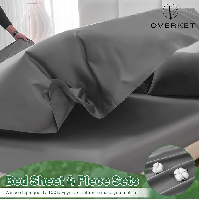 100% Egyptian Cotton Sheets Cal King Sheet Set 1000 Thread Count Sateen Weave Soft Breathable 16-Inch Deep Pocket 4PCS（California King,Dark Grey）