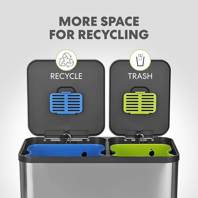 Simpli-Magic 18.5 Gallon (40L x 30L) Dual Compartment Step Trash Can – Kitchen Garbage Can with Waste & Recycling Bins – Slow-Close Lid, Odor Control, Hands-Free, Stainless Steel